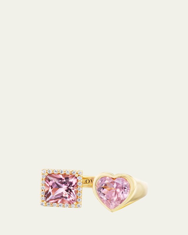 14K Yellow Gold Princess and Heart Cut Two Stone Ring with Pink Tourmaline